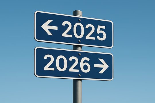 Year Transition Road Sign Showing 2025 Ending Left 2026 Beginning Right Direction - Powered by Adobe
