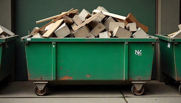 Green skip bin overflowing with construction debris. Old wooden planks concrete blocks and fabric waste fill the container. House renovation project in progress is happening,created with generative ai