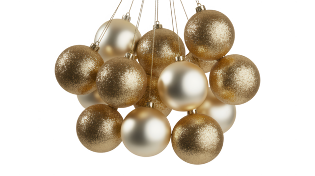 Elegant cluster of golden and silver christmas ornaments hanging against a dark background