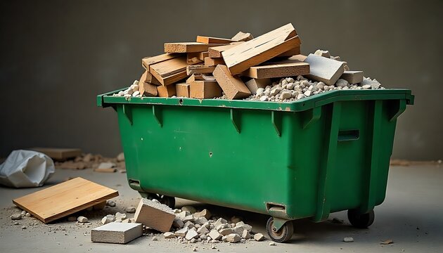 Green skip bin overflowing with construction debris. Old wooden planks concrete blocks and fabric waste fill the container. House renovation project in progress is happening,created with generative ai
