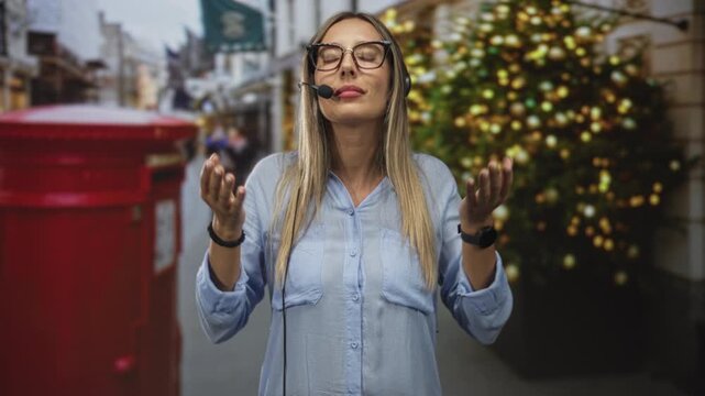 Woman call center operator wearing headset with palms up gesture on a street, city storefronts visible; calm assistance.