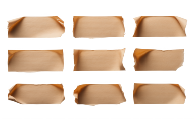 Nine torn brown paper pieces with rough edges arranged in a grid against a black background