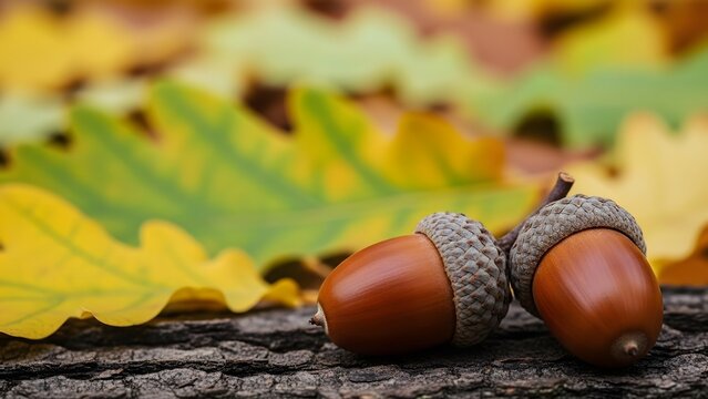 Close-up of two brown oak acorns resting on tree bark with blurred colorful autumn leaves background.