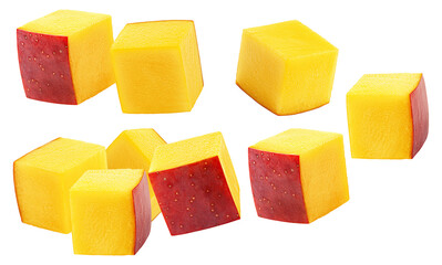 photograph of scattered fresh ripe mango cubes isolated on a pure transparent background. perfect healthy tropical snack food ingredient.