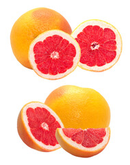studio photograph of whole and halved pink grapefruit isolated on a transparent background, showing...