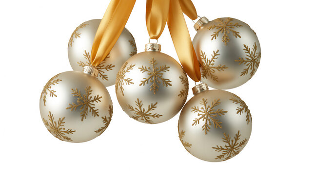 Elegant gold snowflake decorated easter eggs hanging by golden ribbons against a dark background