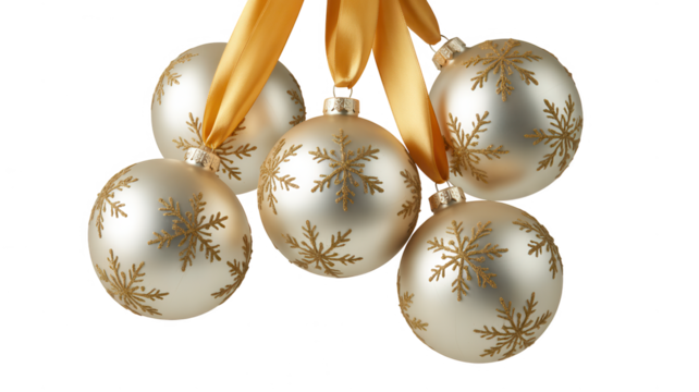 Elegant gold snowflake decorated easter eggs hanging by golden ribbons against a dark background