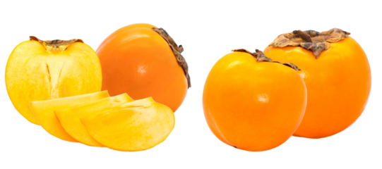 photograph of whole ripe orange persimmon fruits and several bright yellow sliced pieces isolated on a transparent background.