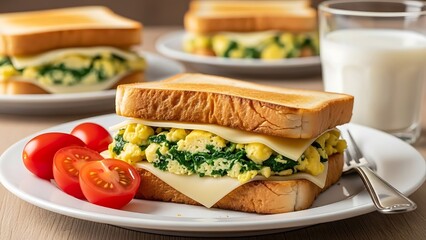 Wholesome spinach egg breakfast sandwich with soft bread, creamy melted cheese, and fresh tomatoes captured in warm natural lighting for healthy food content