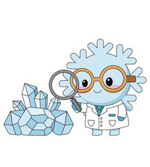 Adorable snowflake scientist studying crystal clusters with a magnifying glass. Cute winter-themed science and geology illustration in kawaii style