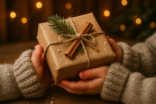 Cozy rustic Christmas present held by a child wearing a knitted sweater. - Powered by Adobe