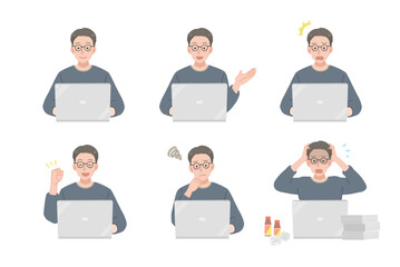 PC作業をするカジュアルな服装のビジネスマンのイラストセット