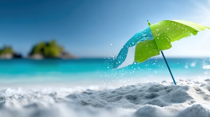 Vibrant beach scene with colorful umbrella tropical shoreline photograph sunny day eye-level view relaxation and escape