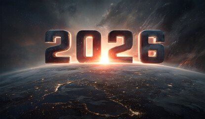 High quality photo of glowing numbers 2026 floating above planet earth in space