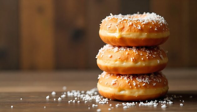 Stack of Four Coconut Glazed Donuts on Wooden Table with Wood Panel Background, created with generative ai