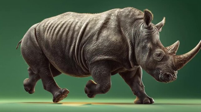 A gray rhinoceros walking to the right against a green background with cinematic lighting.