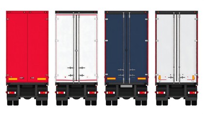 Rear views of four semi-truck trailers in different colors red, white, dark blue, and white