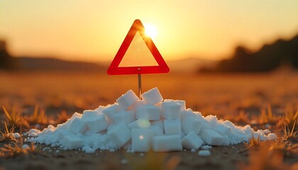 White sugar cubes stacked precariously under red warning sign. Symbolizes health risks of excess sugar intake and diet dangers. Represents caution about overconsumption, created with generative ai