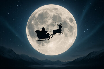 Magical Christmas Eve: Santa's sleigh flight under a brilliant, cold moon.