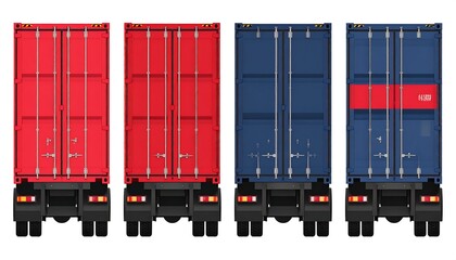Rear views of several colorful semi-truck trailers, illustrating diverse cargo containers