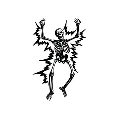 Black and white vintage retro illustration of a human skeleton surrounded by electrical energy Vector style