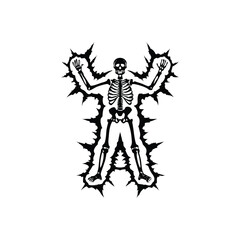 Black and white vintage retro illustration of a human skeleton surrounded by electrical energy Vector style