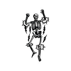 Black and white vintage retro illustration of a human skeleton surrounded by electrical energy Vector style