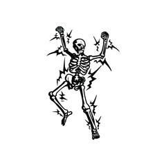 Black and white vintage retro illustration of a human skeleton surrounded by electrical energy Vector style