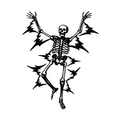 Black and white vintage retro illustration of a human skeleton surrounded by electrical energy Vector style