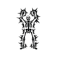 Black and white vintage retro illustration of a human skeleton surrounded by electrical energy Vector style