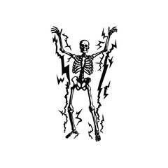 Black and white vintage retro illustration of a human skeleton surrounded by electrical energy Vector style