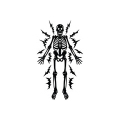 Black and white vintage retro illustration of a human skeleton surrounded by electrical energy Vector style