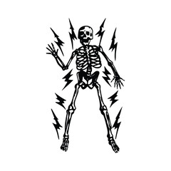 Black and white vintage retro illustration of a human skeleton surrounded by electrical energy Vector style