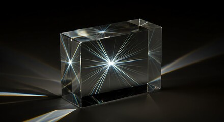 Rectangular clear glass prism refracting light, showcasing starburst effects and sharp shadows