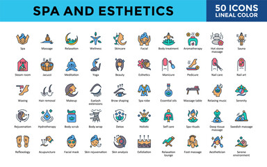 Spa and Esthetics icons set with spa, massage, relaxation, wellness, skincare, facial, body treatment icon. Simple lineal color vector. Editable stroke. 
