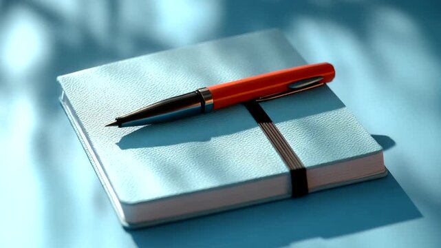 A vibrant pen resting on a blue notebook with soft shadows