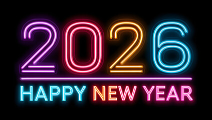 Colorful modern typography design of "2026 Happy New Year" with gradient neon lines on a dark background, representing celebration, joy, and a futuristic start to the new year.