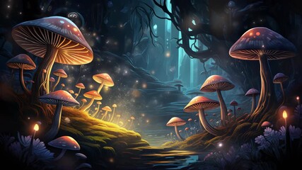Enchanted forest scene at night with glowing mushrooms and mystical light. - Powered by Adobe