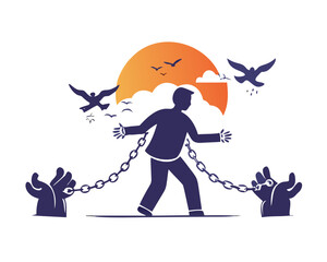 Concept of freedom, with a man breaking his chains and