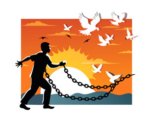 Concept of freedom, with a man breaking his chains and