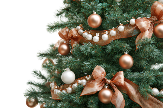 Close up of a beautifully decorated artificial christmas tree with copper ornaments and ribbon isolated on transparent background