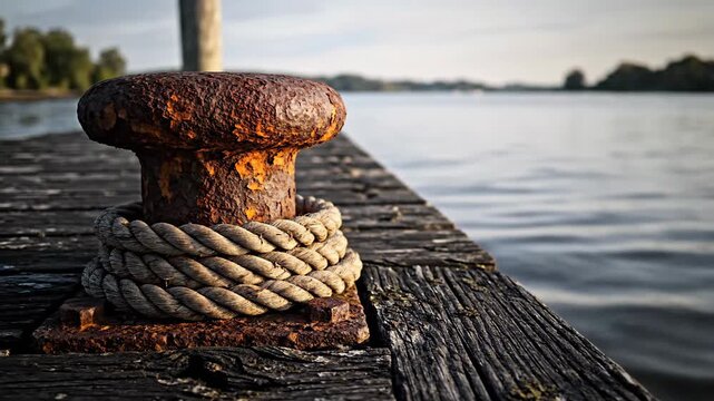 Rusty mooring bollard with rope on weathered wooden dock by calm water surface
