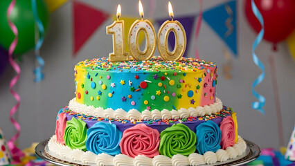 100th birthday celebration cake with lit candles, festive anniversary dessert, colorful frosted decoration, milestone party, joyful celebration, and birthday party concept