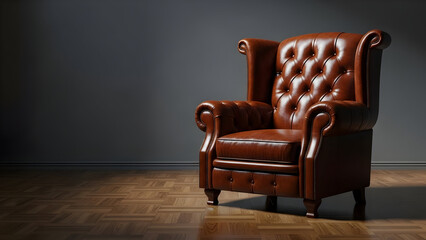 Shiny luxurious brown leather office chair, classic vintage armchair, executive seating, elegant home or corporate furniture, royal design, comfortable premium upholstery