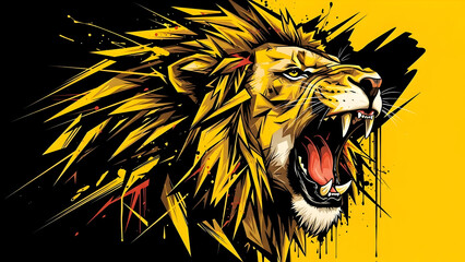 Wild African lion depicted in abstract black and yellow, roaring predator, safari wildlife illustration, king of jungle, fierce big cat, bold artistic animal representation