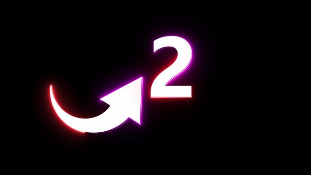 Neon count number 2 animation. Counting neon number with arrow icon animation. 