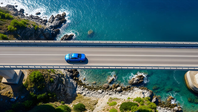 Bird&rsquo;s-eye view of blue vehicle crossing bridge over ocean waters, aerial photography of coastal asphalt road, travel and transport, seaside scenery, and top-down perspective