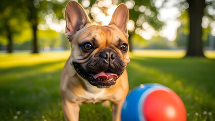 Close-up of an adorable French Bulldog joyfully playing with a ball, showcasing a cute happy pet in an outdoor setting, highlighting playful dog behavior and companionship