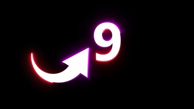 Neon count number 9 animation. Counting neon number with arrow icon animation. 