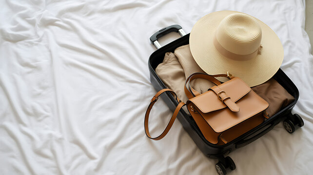Open Suitcase With Summer Clothes Hat and Handbag on White Bed luggage travel